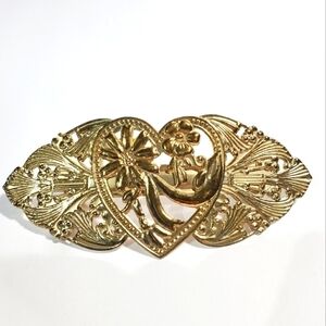Vtg gold tone pressed metal Tin floral heart hair clip Barrette